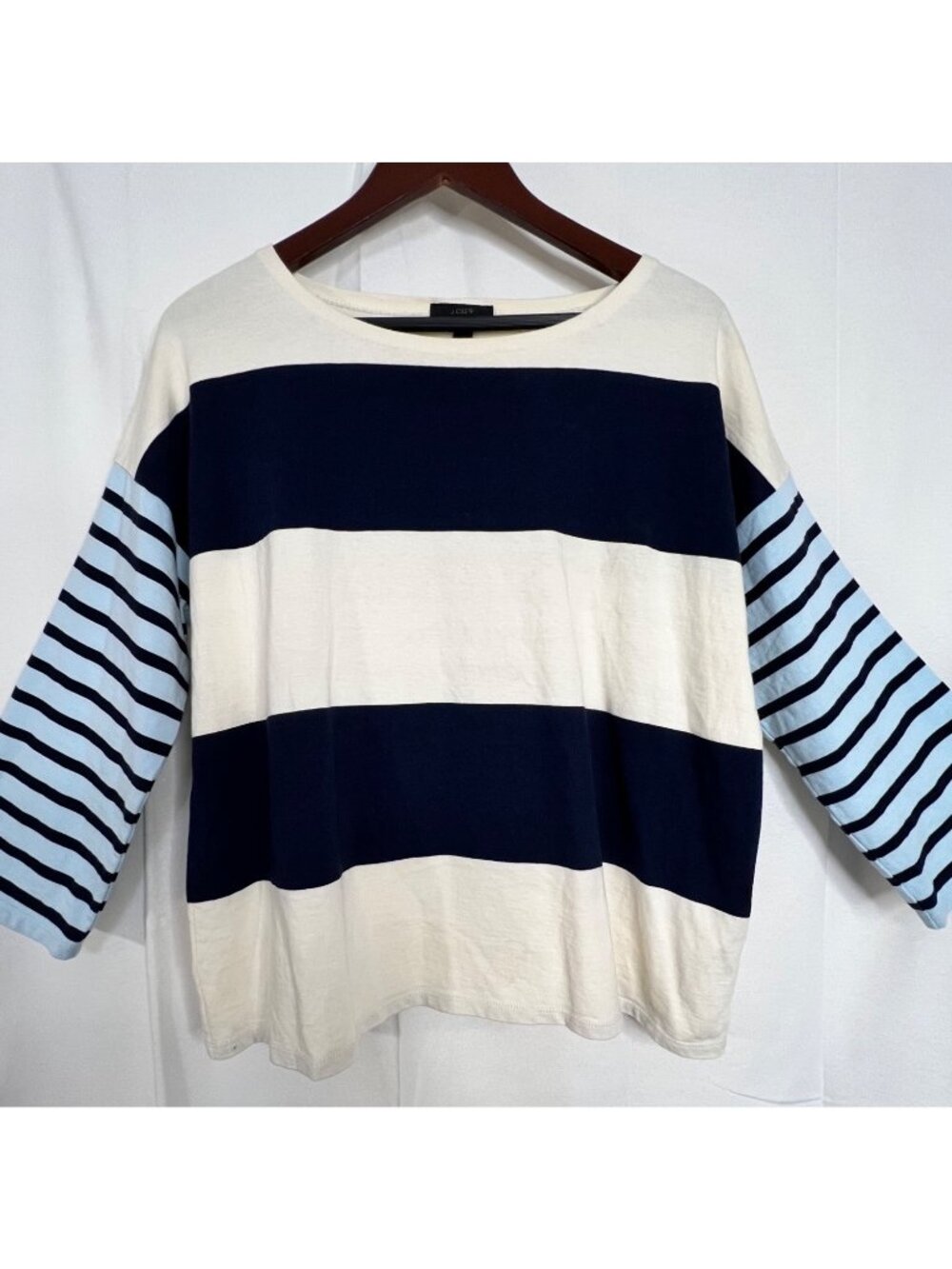 J.Crew Womens Striped Cotton Knit Top With 3/4 Sleeves In Navy & Light Blue Medi